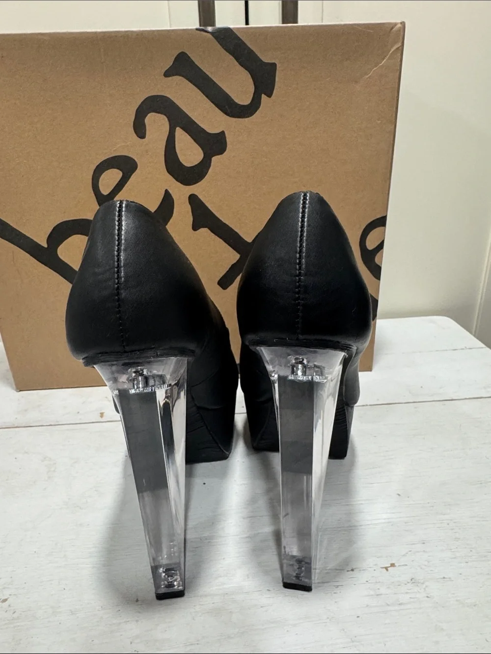 Black Peep-Toe Platform Pumps with Clear Block Heel